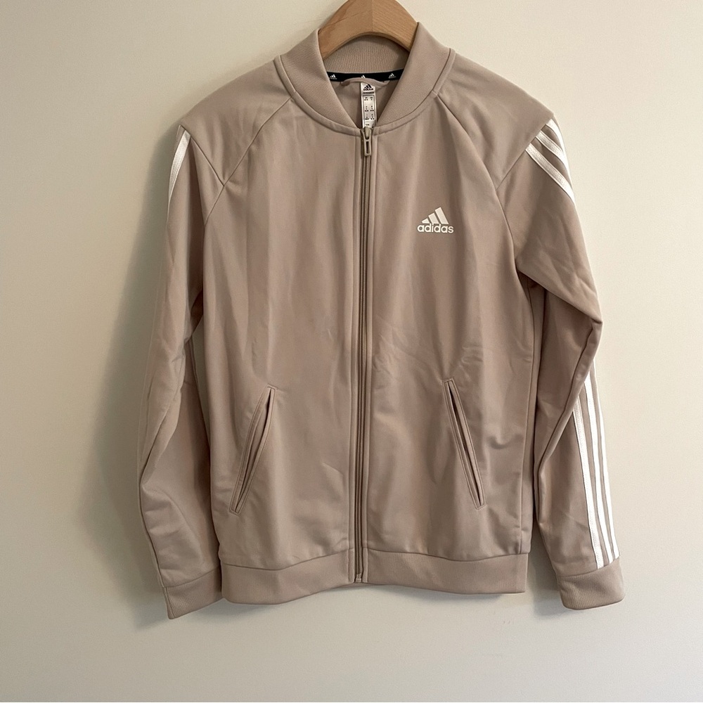 Adidas Beige unisex classic three stripes zip front Track Jacket size S EUC!
